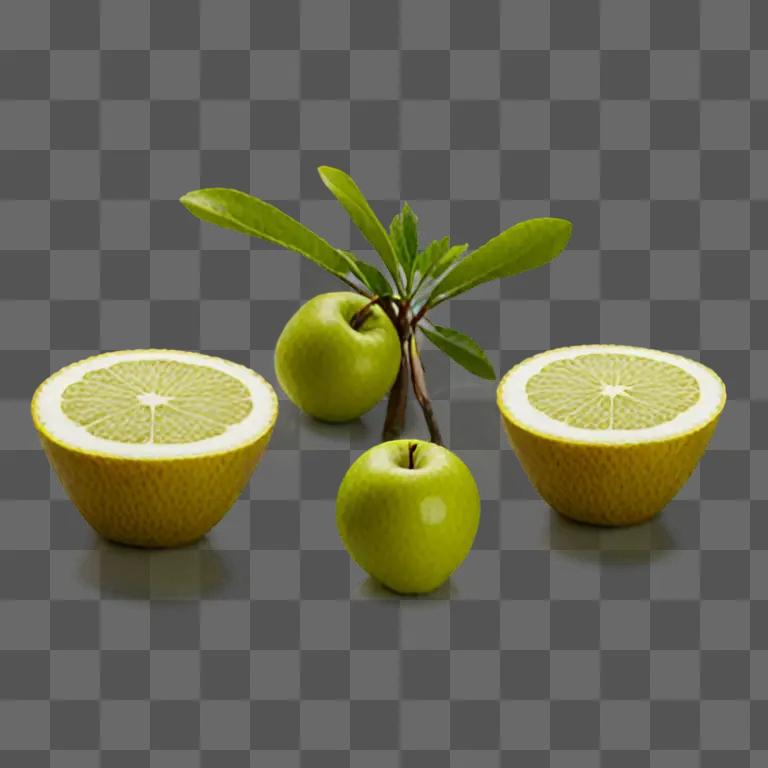 Two slices of fruit with a green leaf