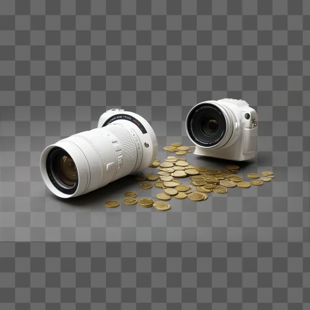 Two small cameras sit on a pile of gold coins