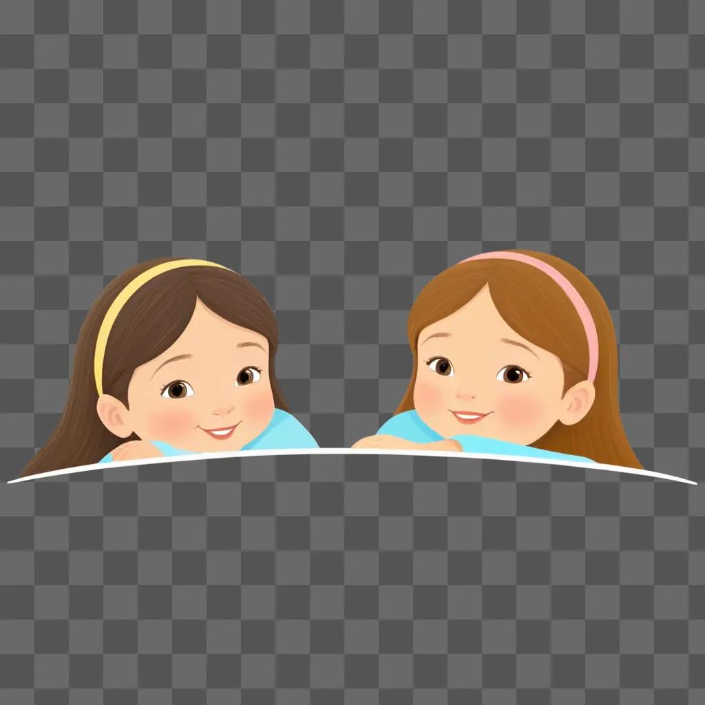 Two smiling girls peek over a brown background