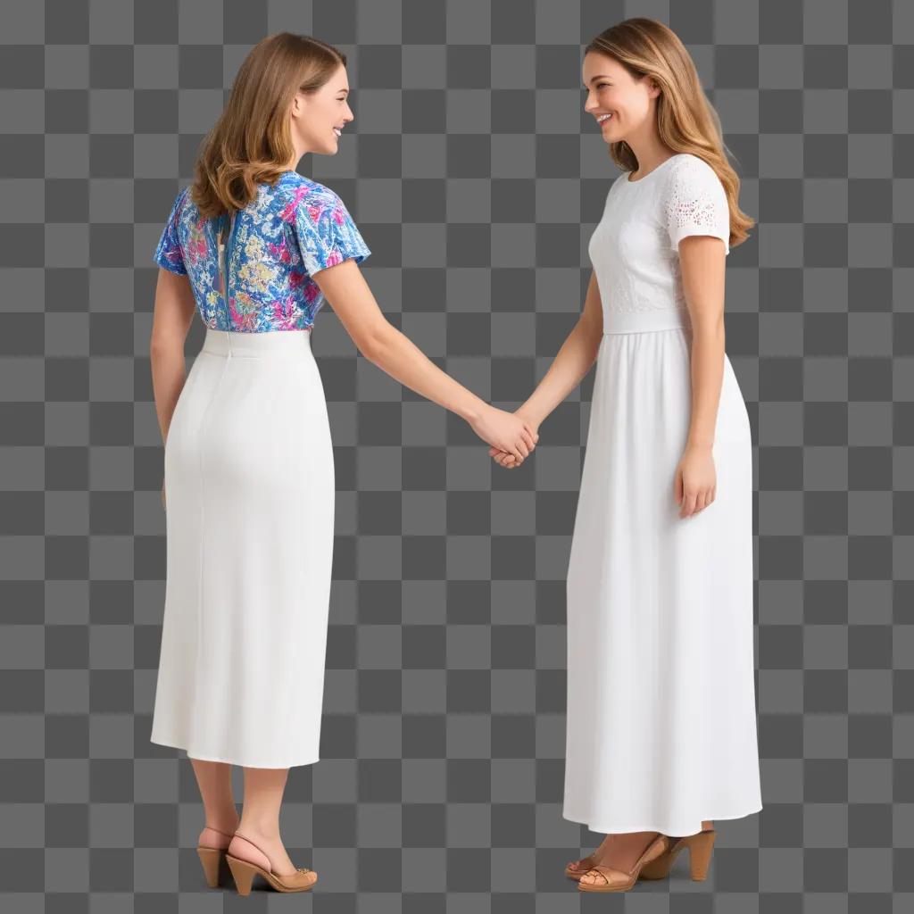 Two smiling women holding hands with matching dresses