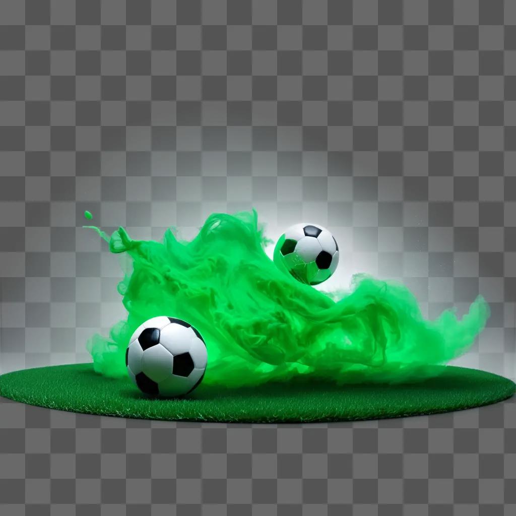 Two soccer balls are flying through a green smoke