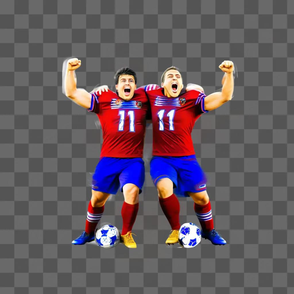 Two soccer players celebrate on a purple background