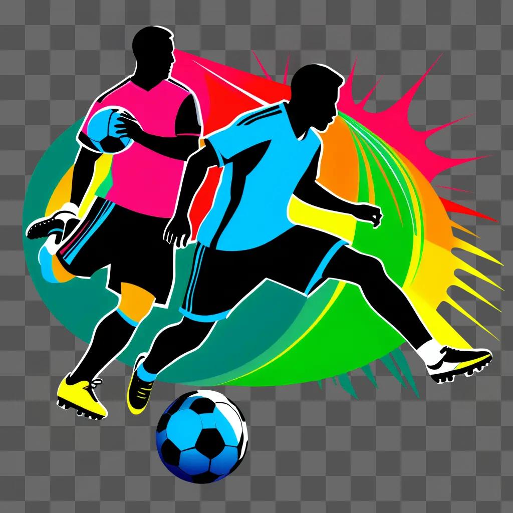 Two soccer players in action against the colorful background