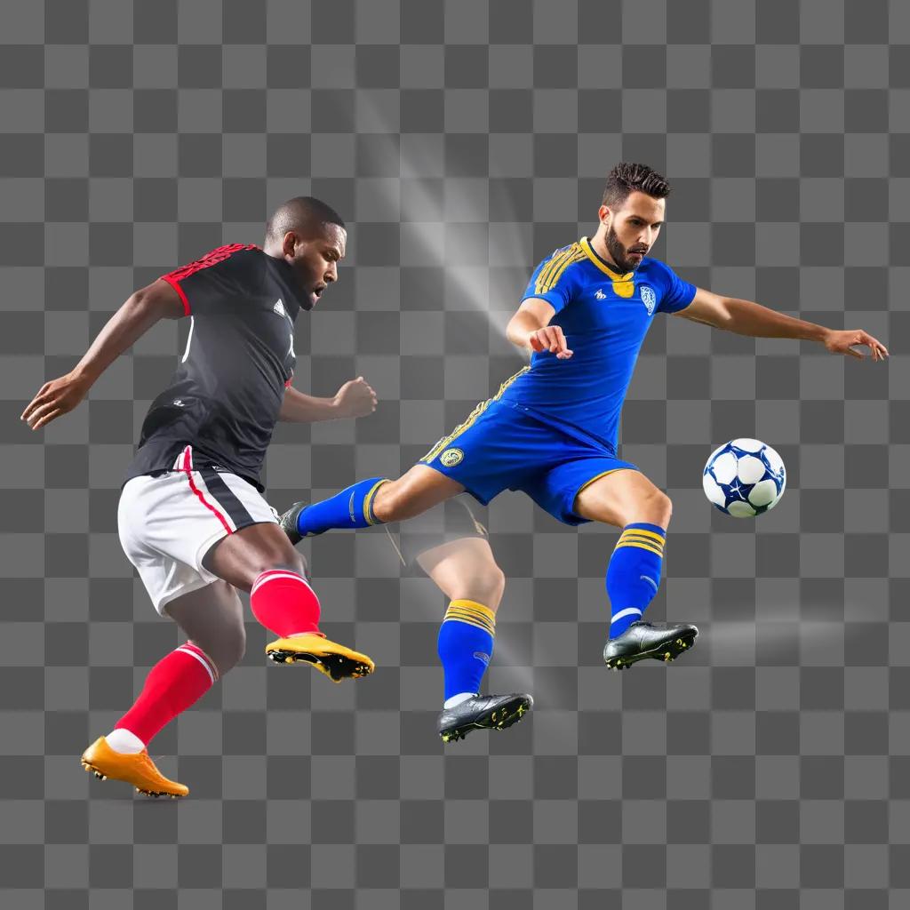 Two soccer players in motion on a gray background