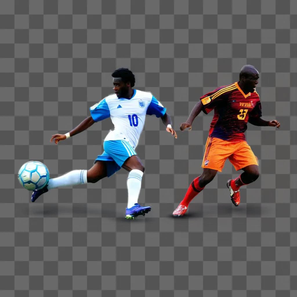 Two soccer players running after a ball in a blur