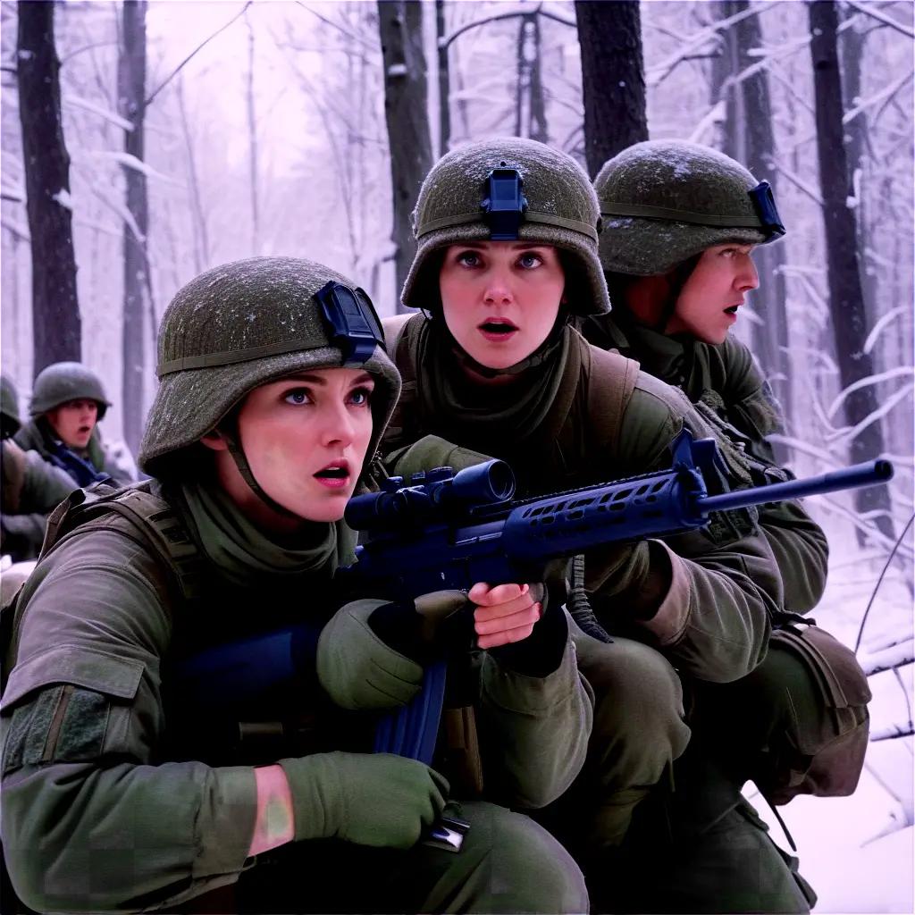 Two soldiers ambush a group of people in the snow