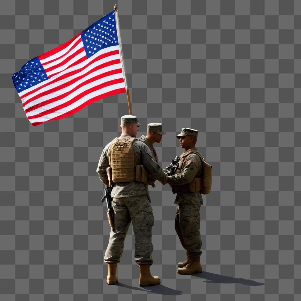 Two soldiers shake hands with American flag