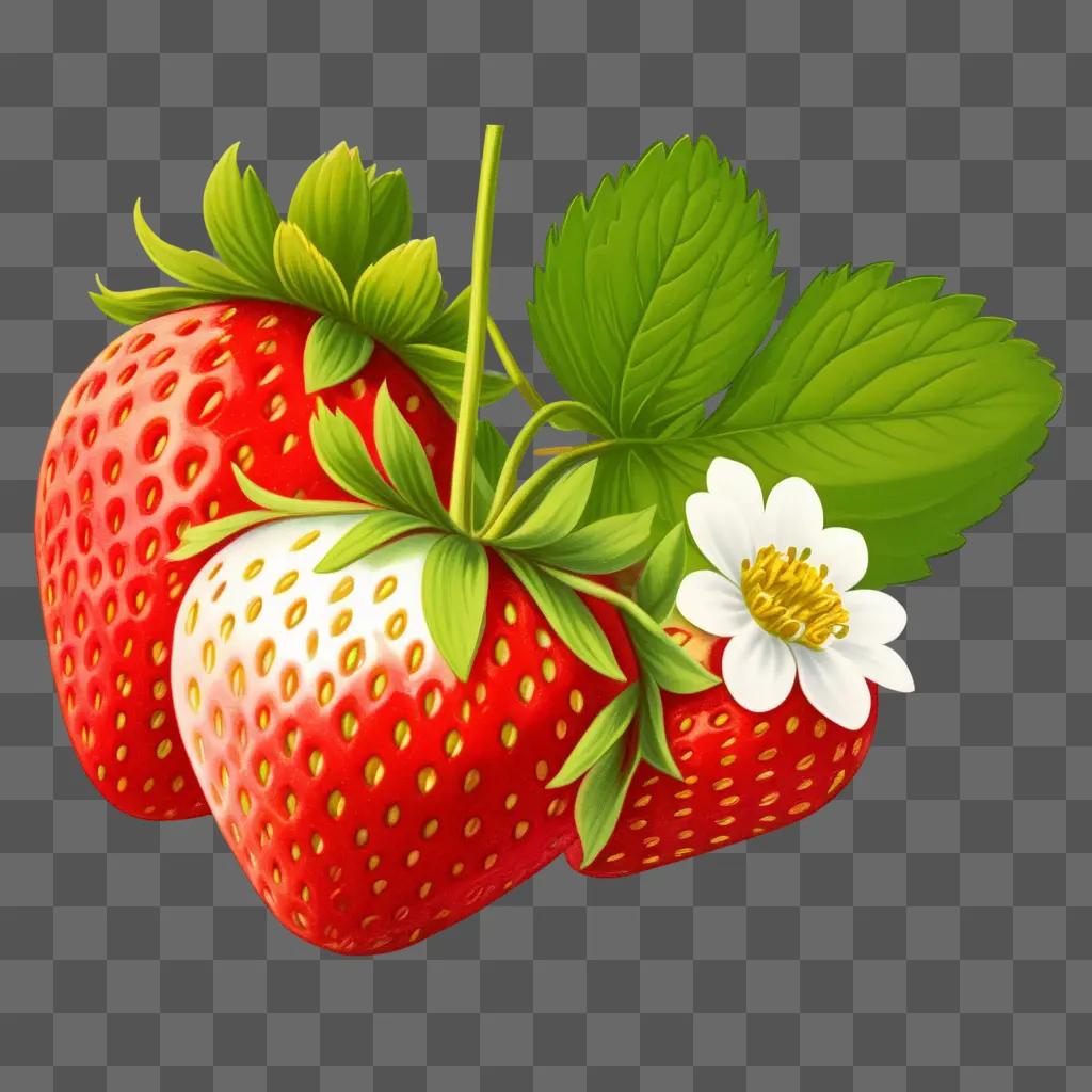 Two strawberries and a leaf with a flower on a green background