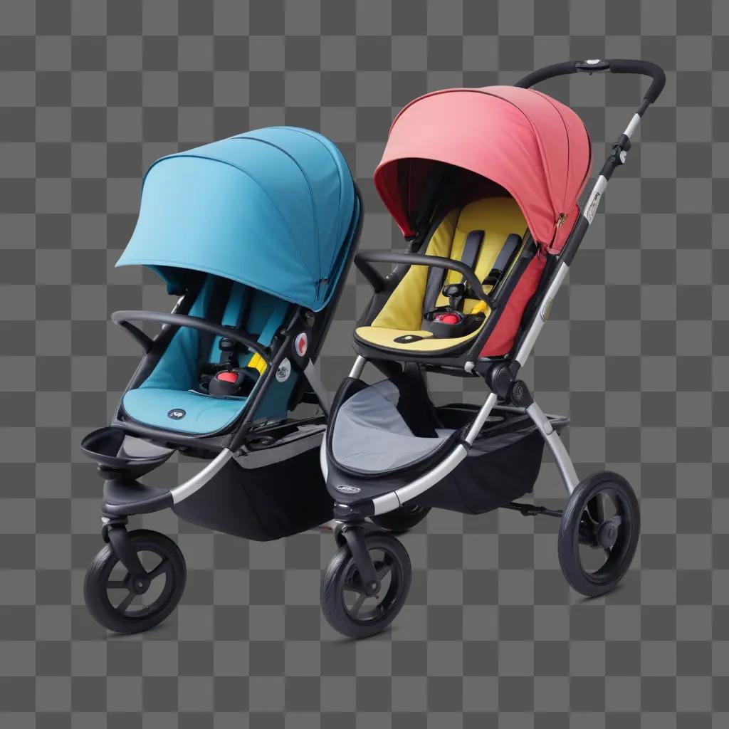 Two strollers sit side by side on a dark background