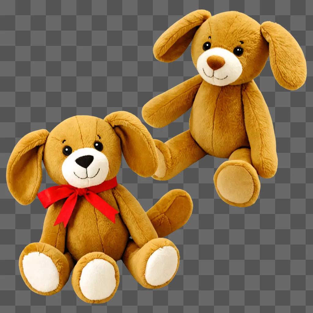 Two stuffed animals with red ribbons on their necks