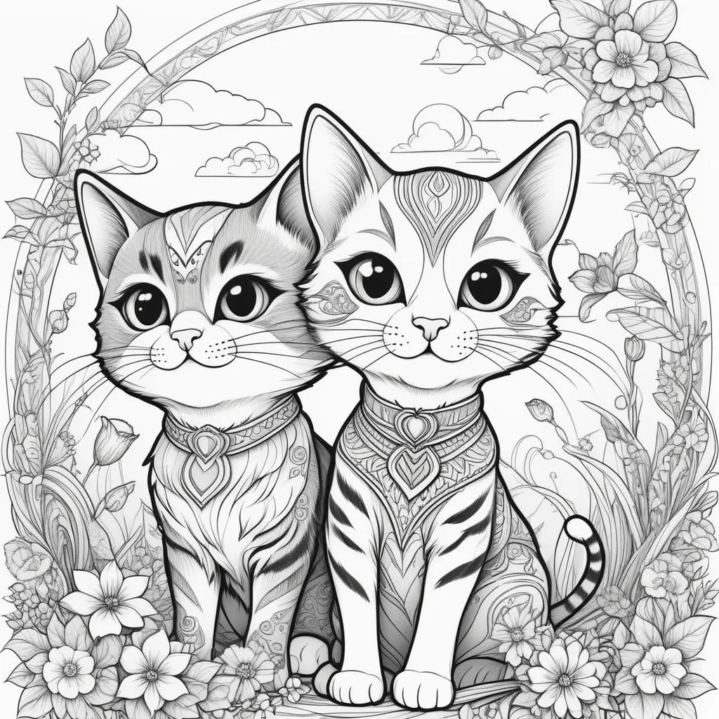 Two super kitties coloring pages with flowers and hearts