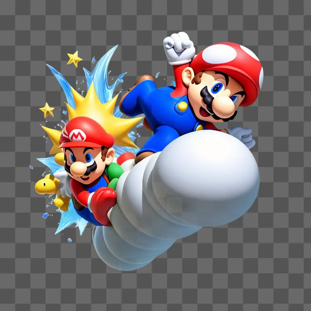 Two super mario characters fly over a white ball