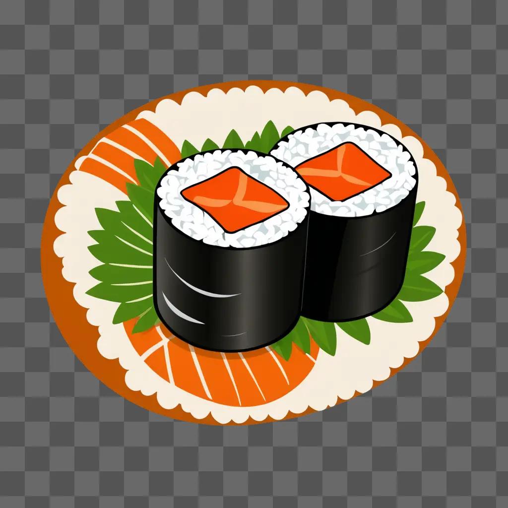 Two sushi rolls on a plate with orange and black fish