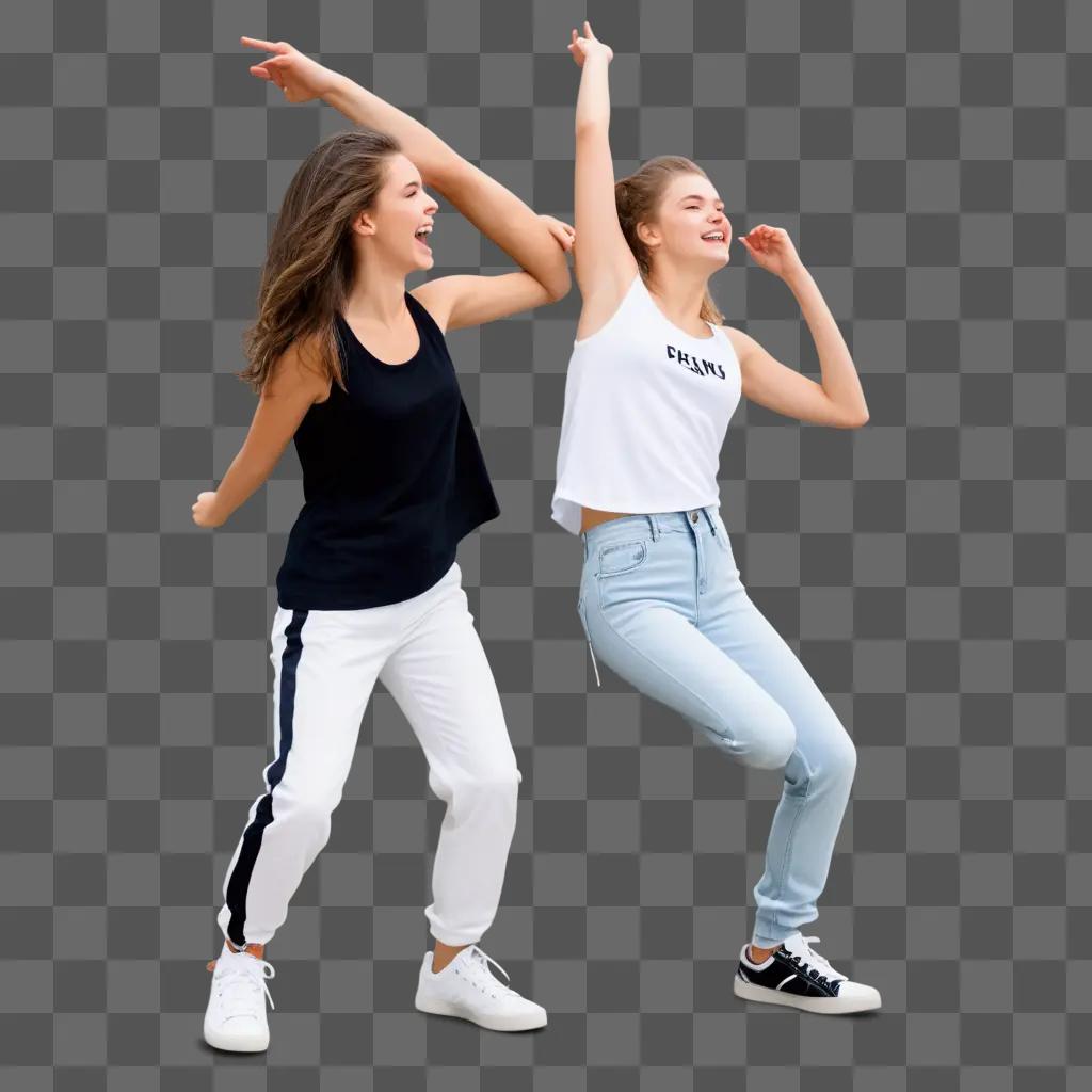 灰色の背景で踊る2人の10代の女の子