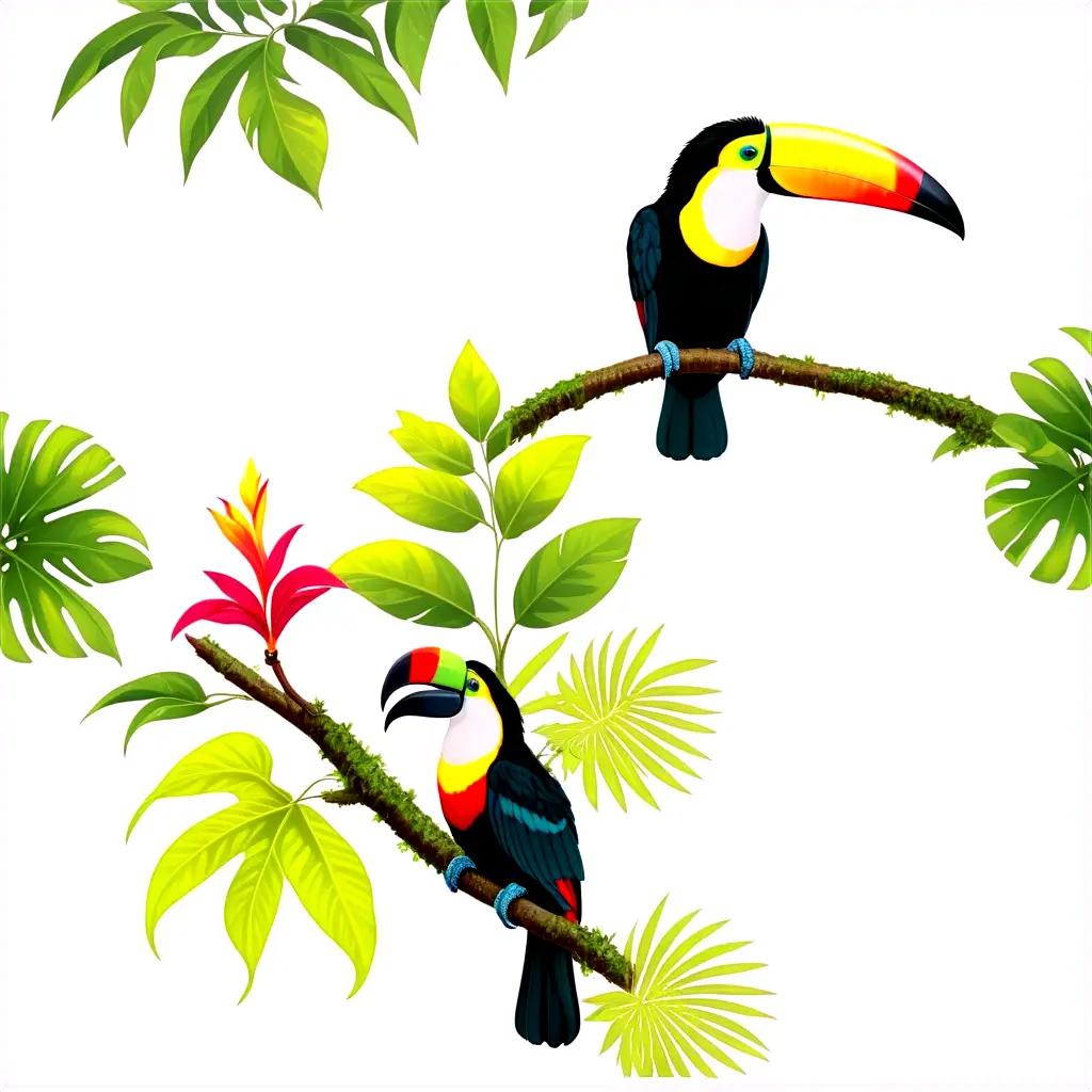 Two toungs sit on a branch in a tropical scene