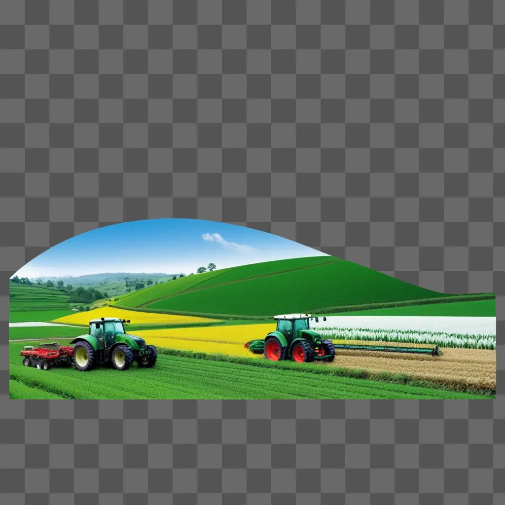 Two tractors on a farm with green fields