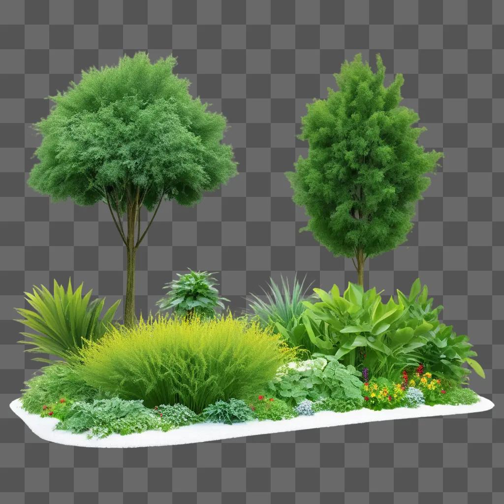 Two trees and plants in a green garden