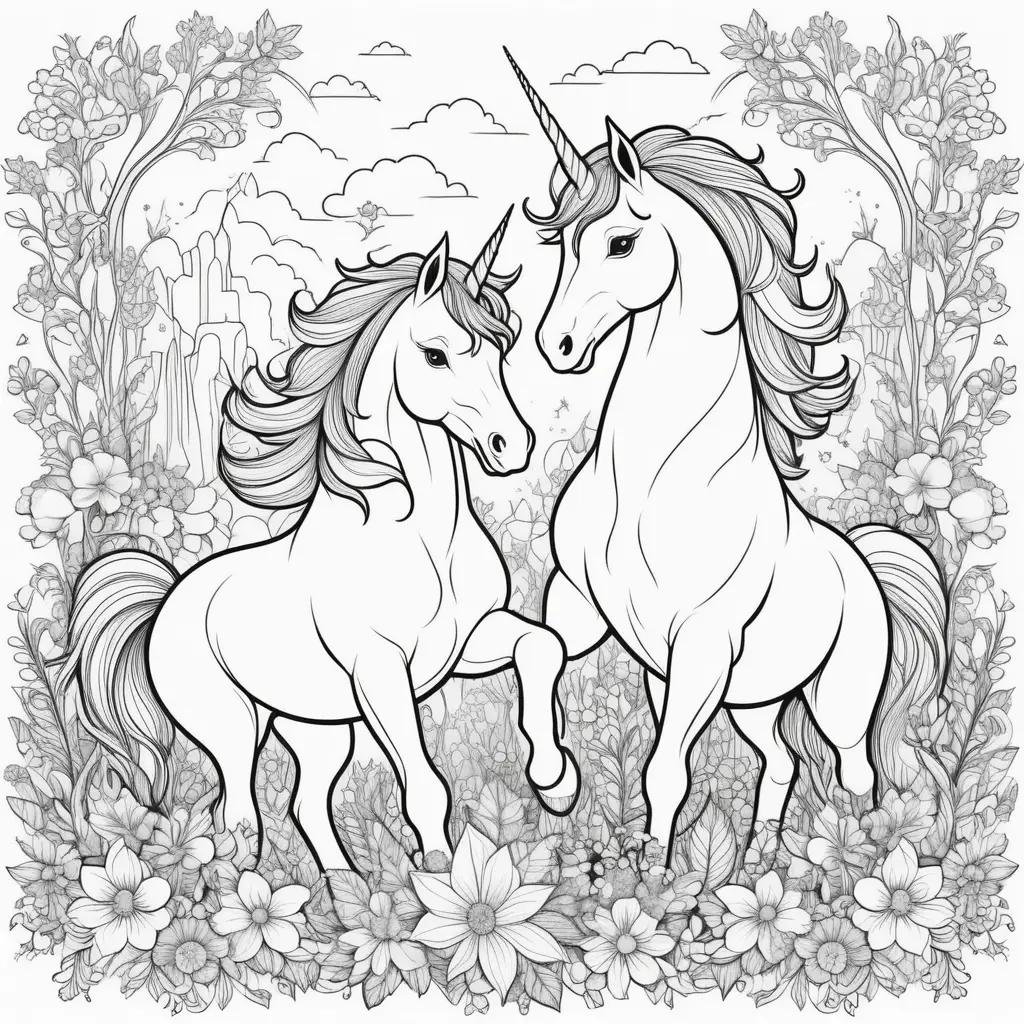 Two unicorns in a field with flowers coloring pages