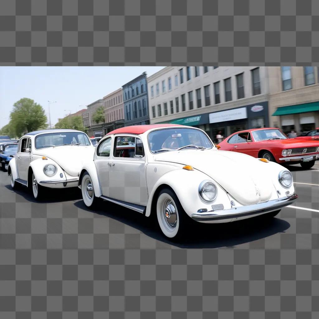 Two vintage cars drive down a street lined with buildings