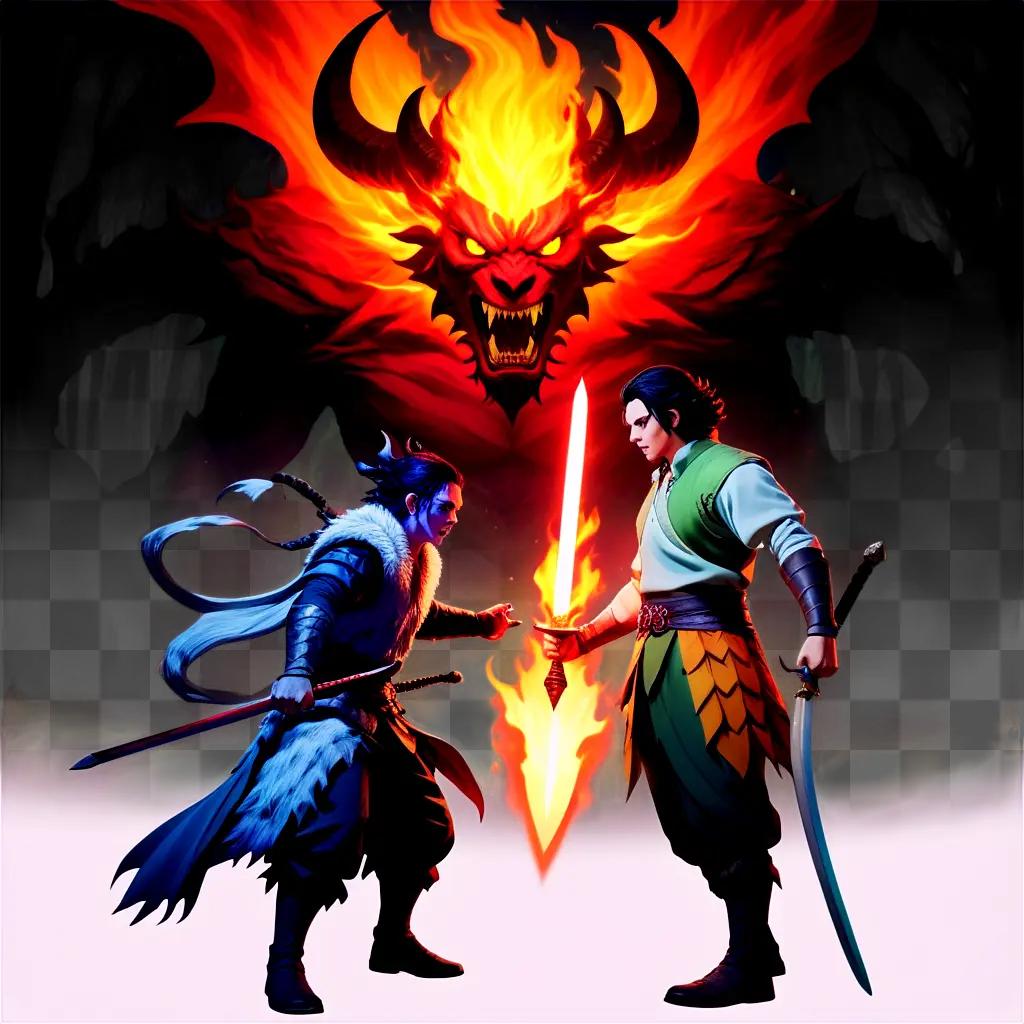 Two warriors fight a demon in a fiery arena