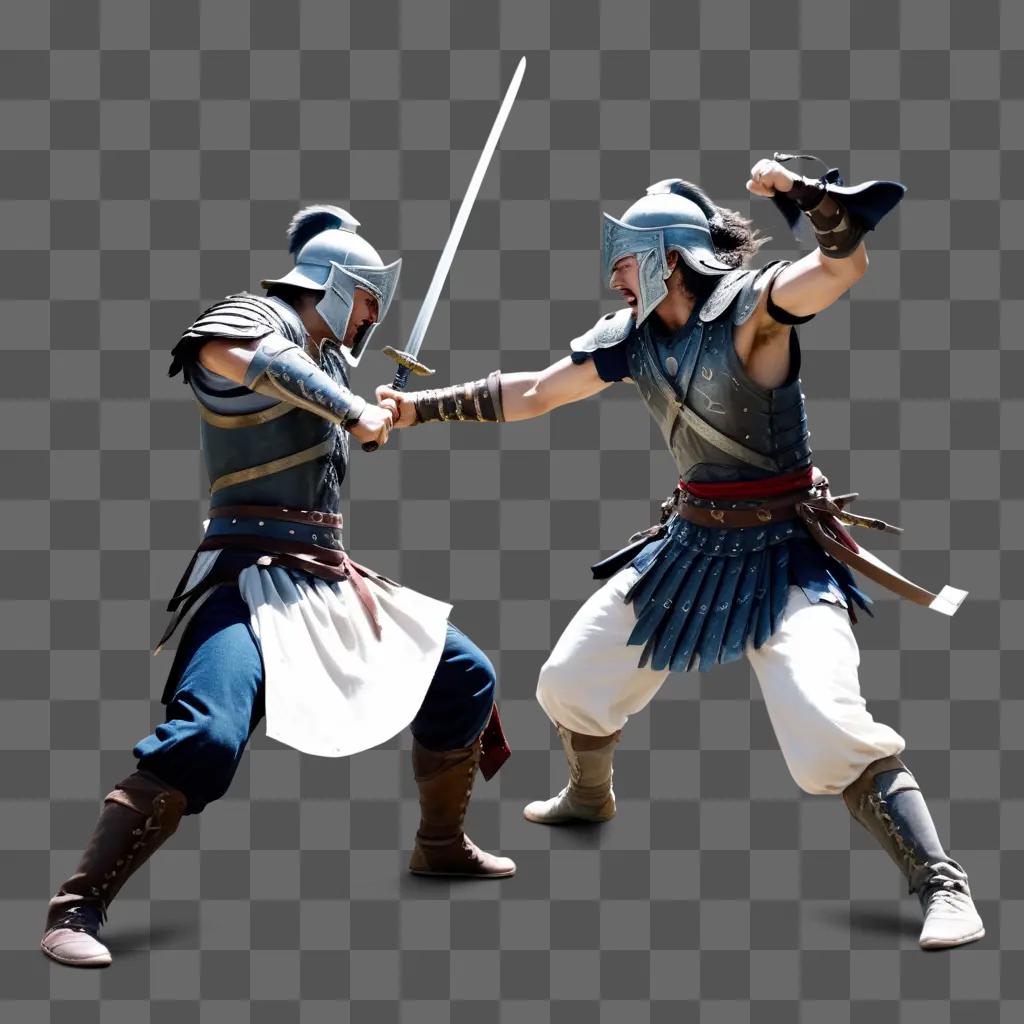 Two warriors in full armor engage in a sword fight