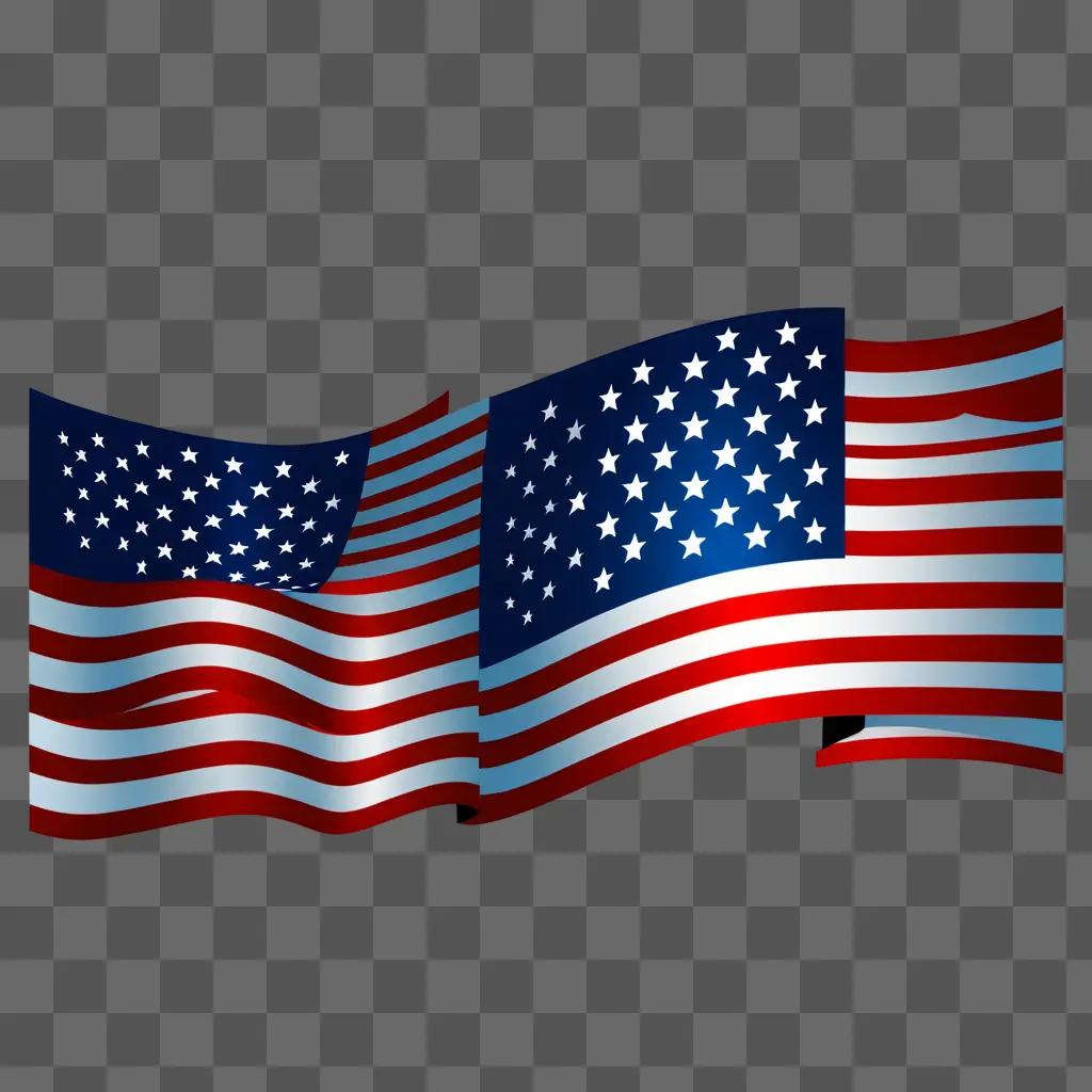 Two waving American flags on a purple background