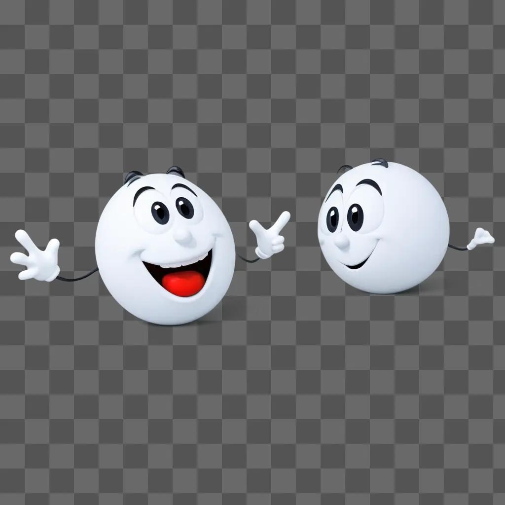 Two white balls with funny faces on a gray background