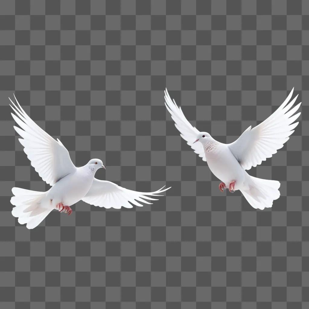 Two white doves flying against a white background