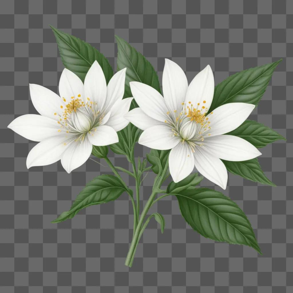 Two white flowers with green leaves and gold spots