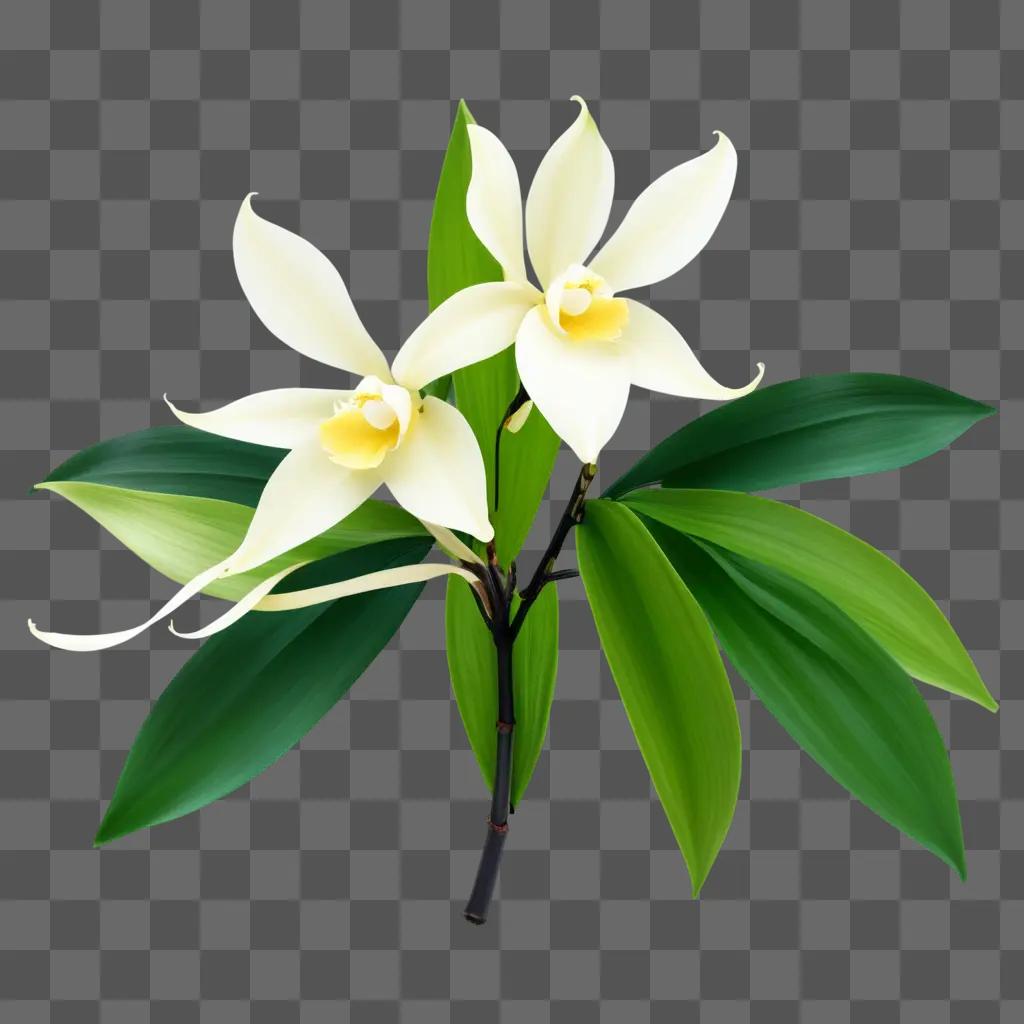 Two white flowers with green leaves on a green background