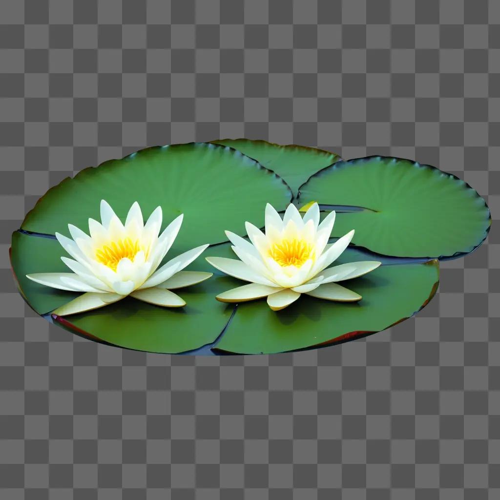 Two white water lilies on green leaves