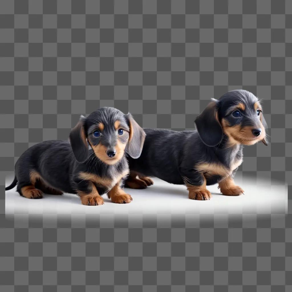 Two wire haired dachshund puppies sit on a gray background