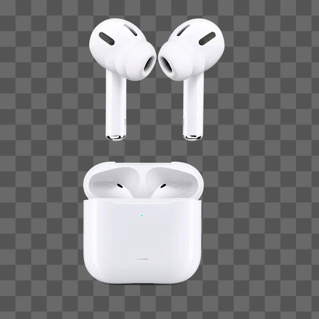 Two wireless earbuds, a charging case and a white background