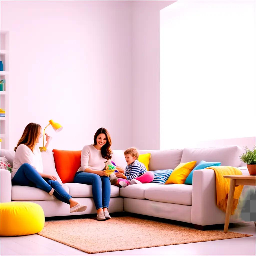 Two women and a child sit on a sofa