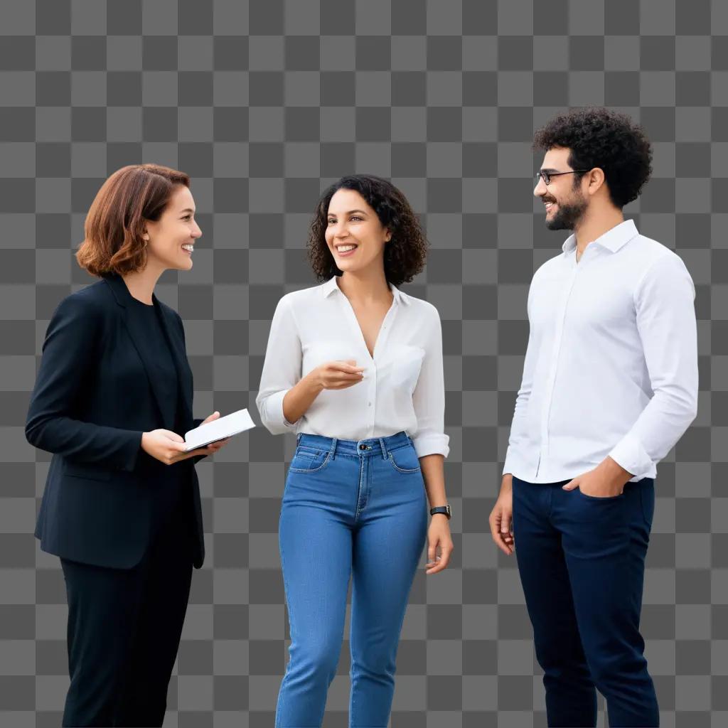 Two women and a man are discussing in a dark background