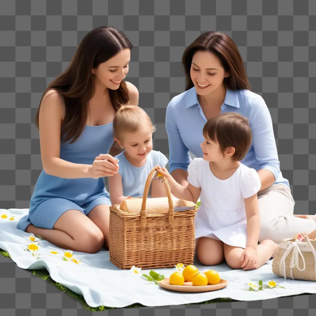 Two women and two children have a picnic together