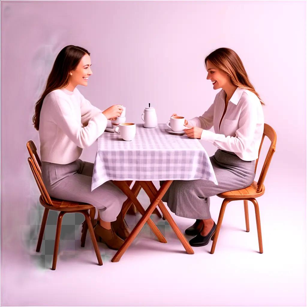 Two women at a table with a caf coffee pot