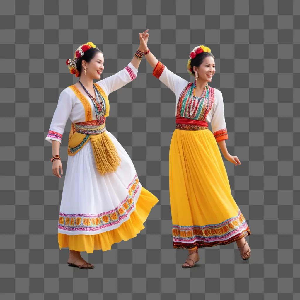 Two women dance at a colorful festival