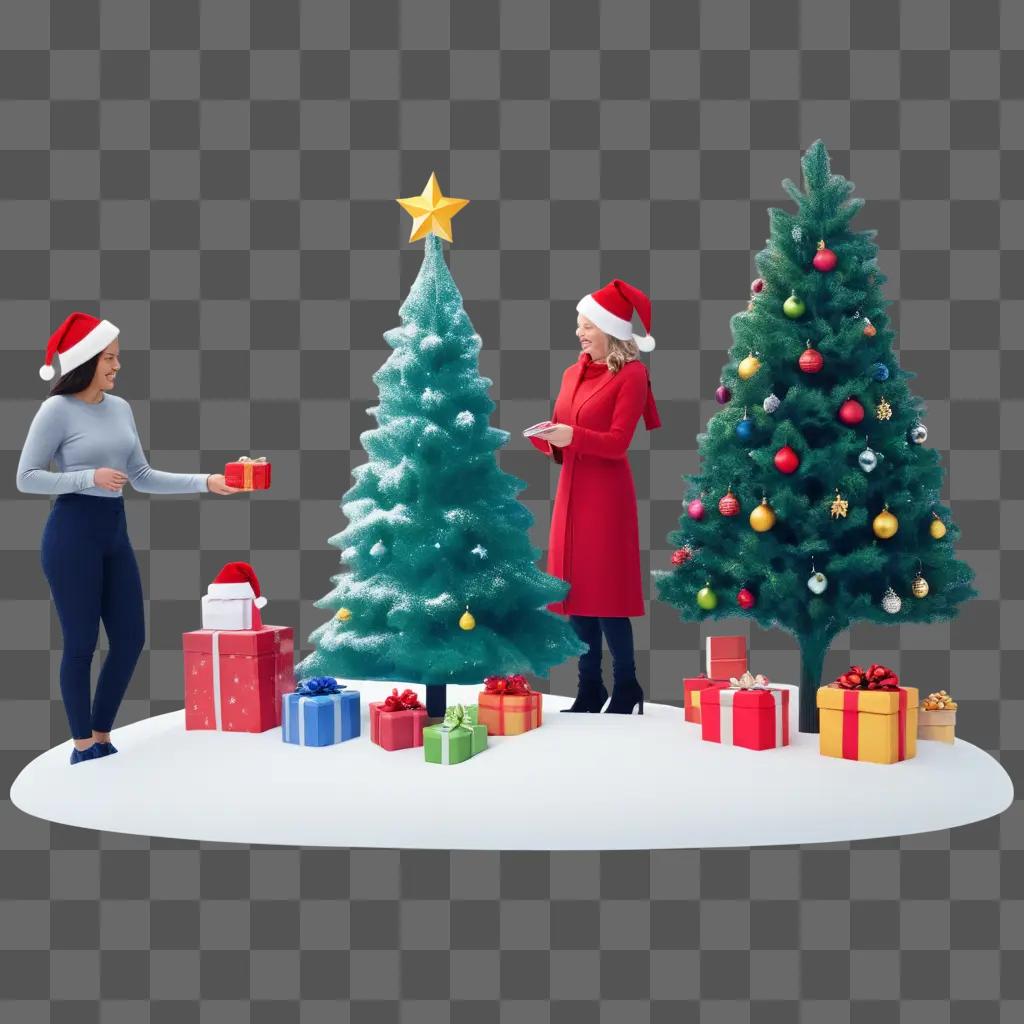 Two women dressed in Christmas attire stand in front of a Christmas tree