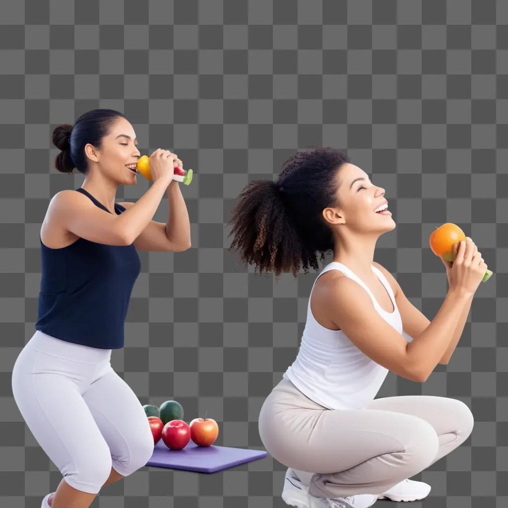 Two women eat fruit in a healthy manner