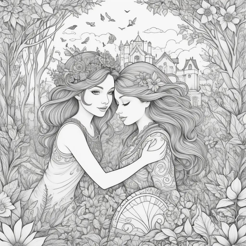 Two women embrace in a dirty coloring page