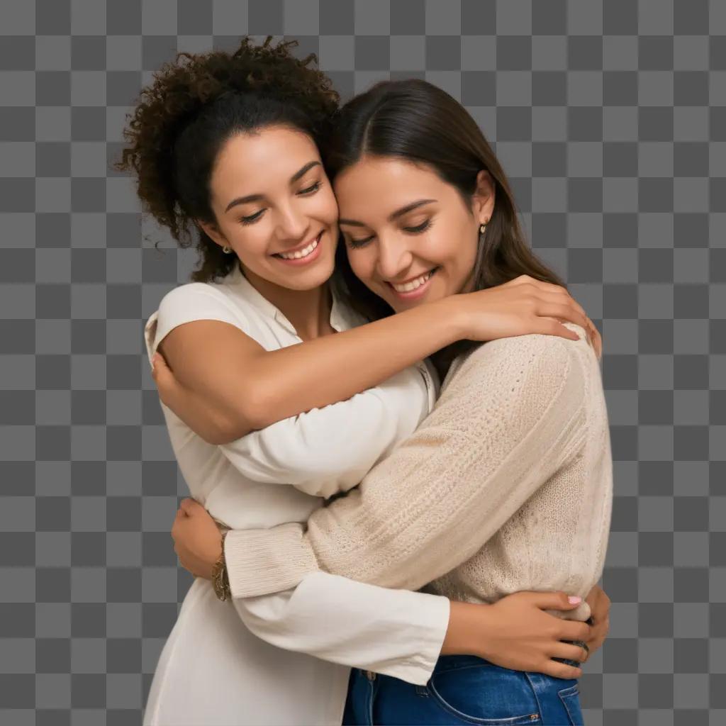 Two women embrace in a warm hug