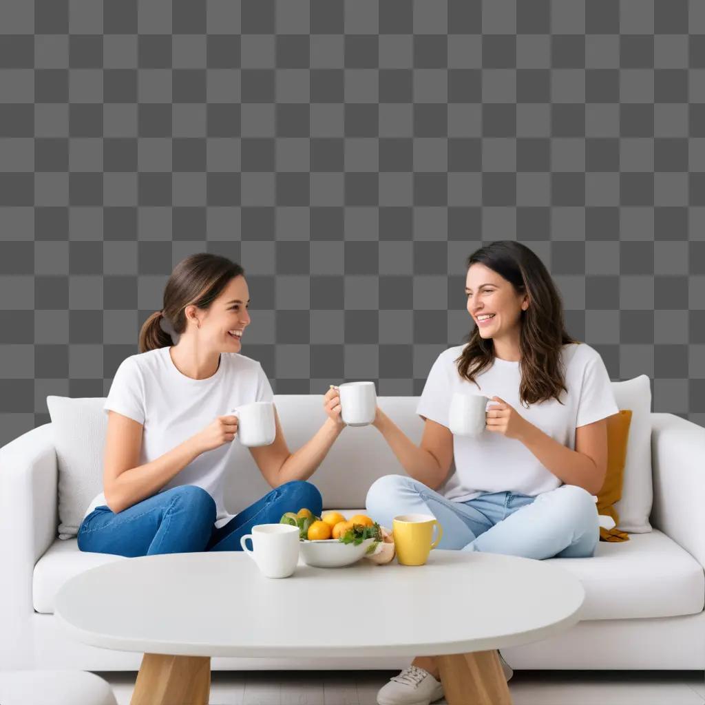 ソファで一緒に飲み物を楽しむ2人の女性