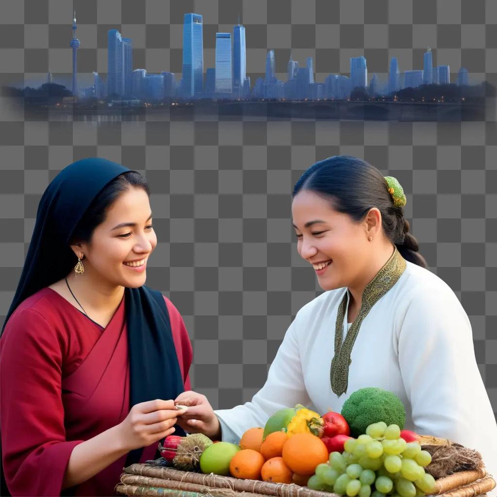 Two women exploring a basket of fruits