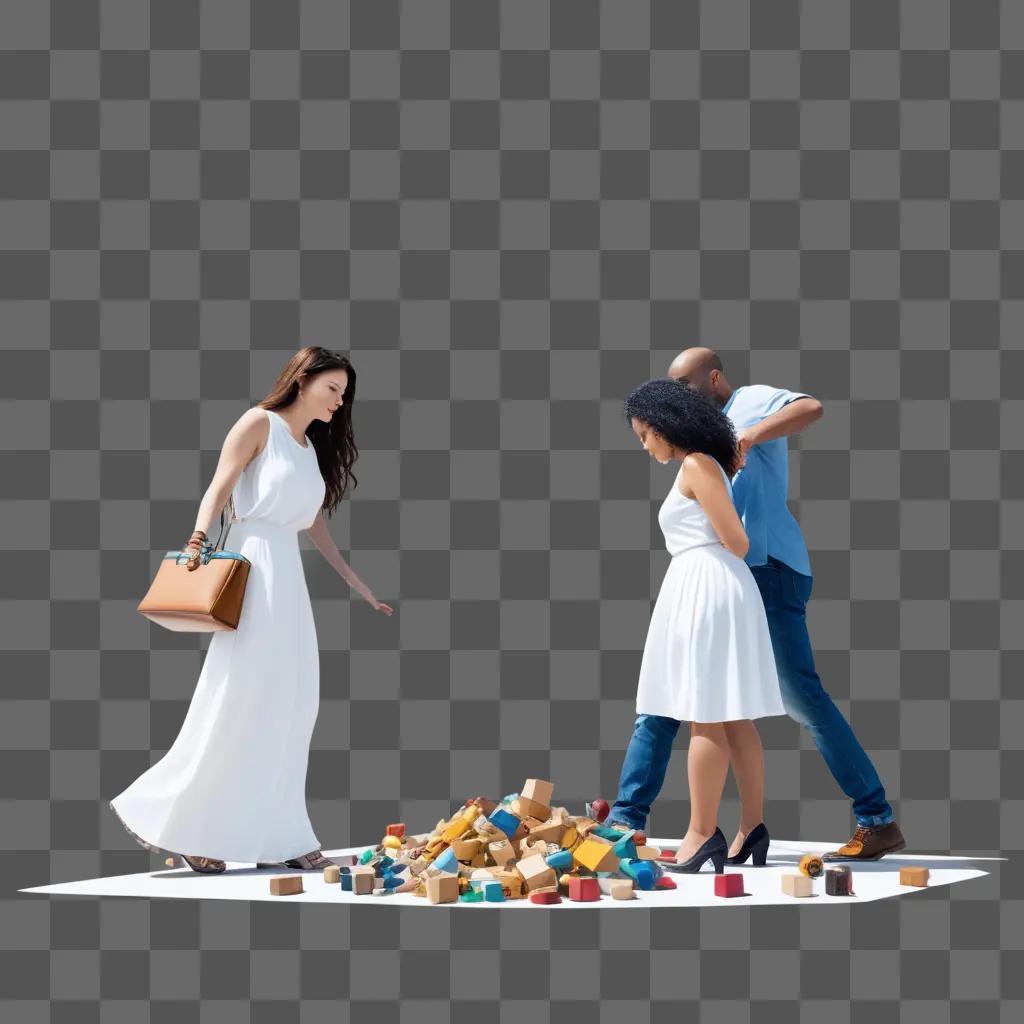 Two women gather a pile of toys