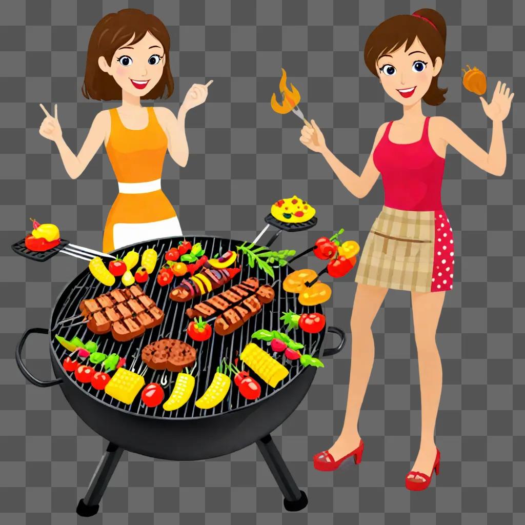 Two women grilling various meats and vegetables