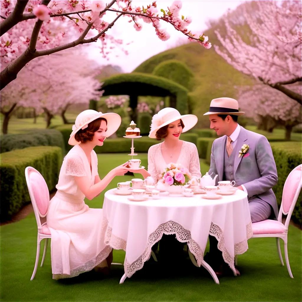 Two women have tea in a garden