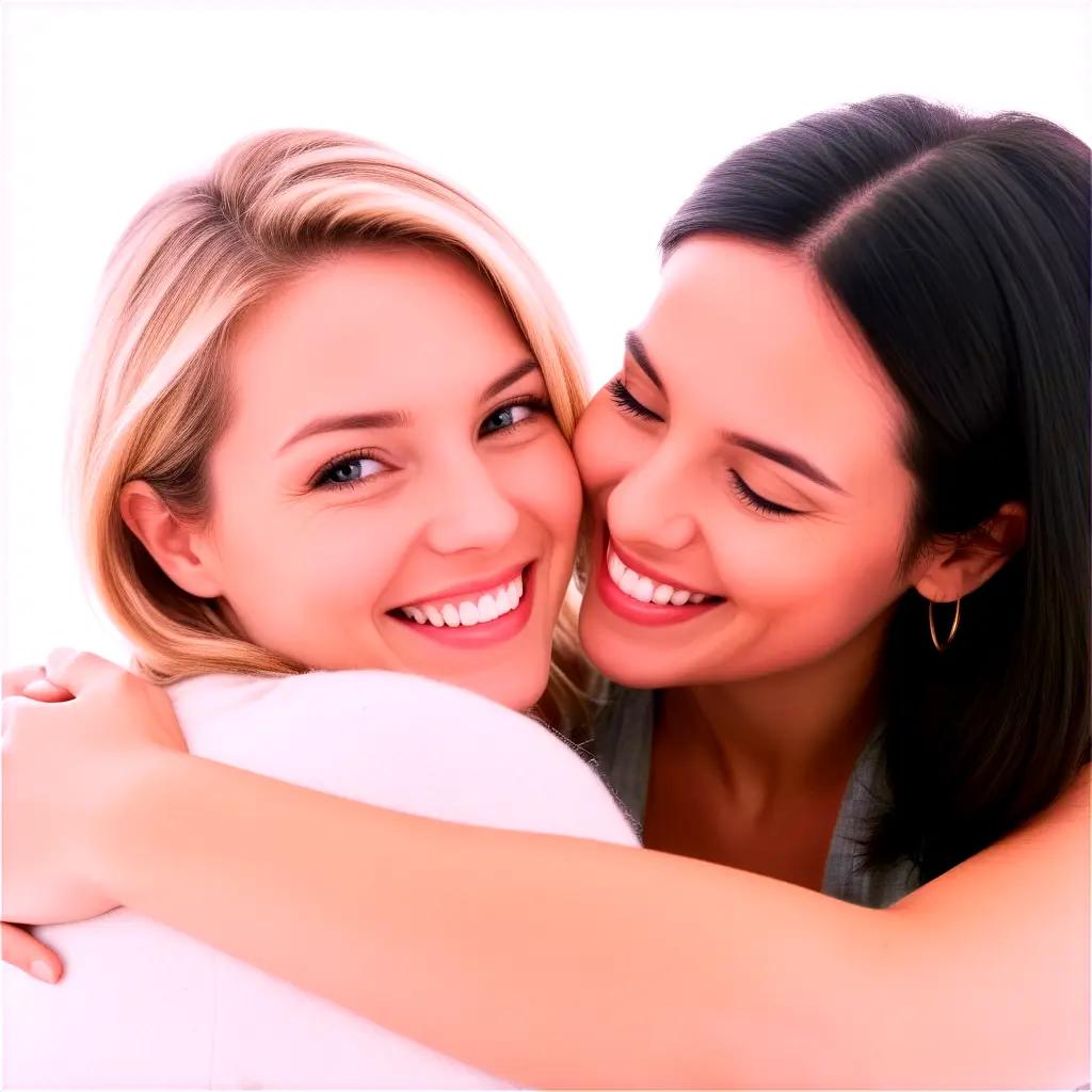 Two women hug and smile at each other