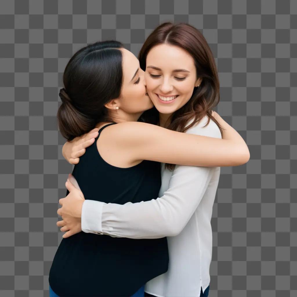 Two women hug each other in a room