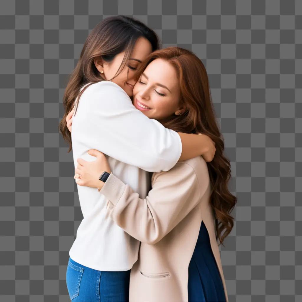 Two women hug each other tightly